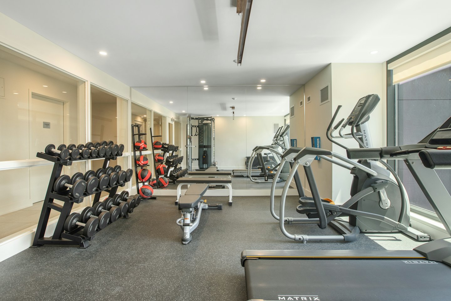 Moderner Fitnessraum mit Hanteln, Medizinbällen und Cardiogeräten.